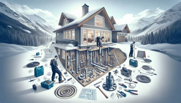Illustration of sump pump installation steps in a Whistler home basement, with labeled tools and components.