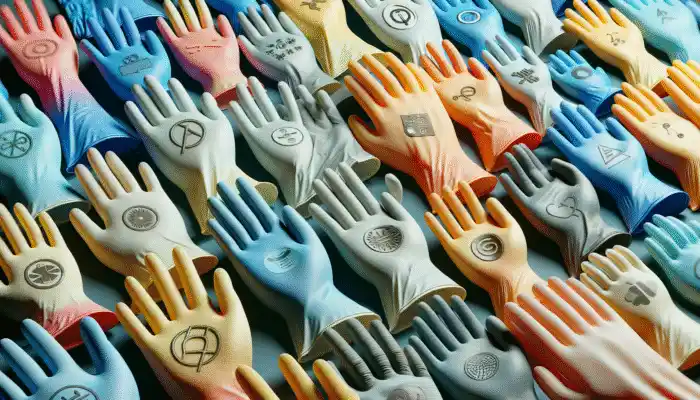 Customized polythene gauntlet gloves with logos, in various sizes and colors, used by healthcare and food service workers.