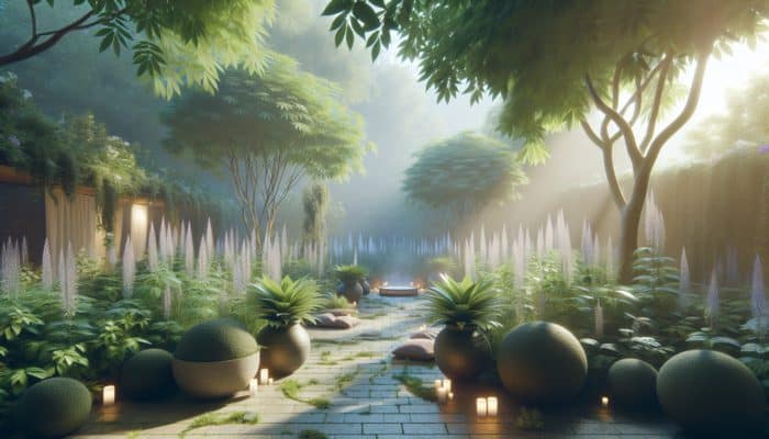 Ashwagandha plants in a tranquil garden, symbolising mental calmness and holistic health support.