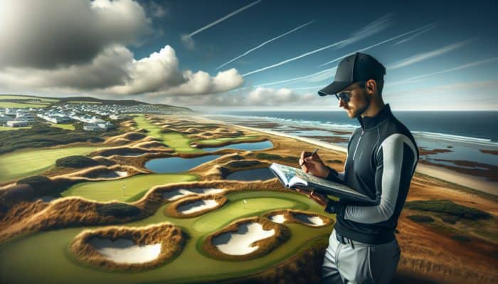 Golfer adjusting Stableford scorecard on diverse South African golf course with coastal and highveld terrains under varying weather.