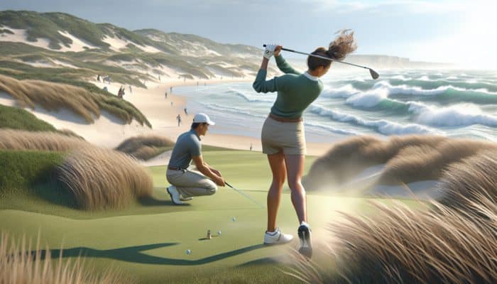 Golfer adjusting swing on South African coastal links with crosswinds; using shorter club on highveld course for longer, accurate shot.