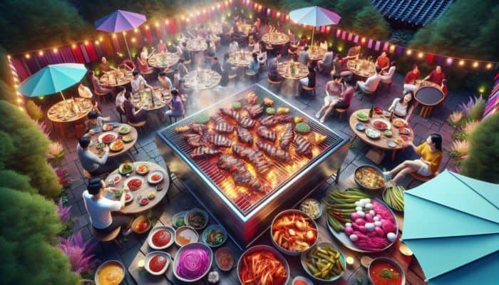 A vibrant Korean BBQ scene with sizzling meats and colorful side dishes at an outdoor gathering.