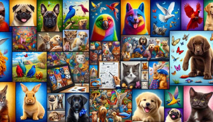 A vibrant collage showcasing pet portraits, costumed pets, and dynamic action scenes.