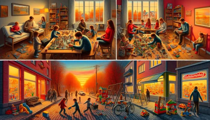 Families playing board games and assembling LEGO, Playmobil indoors; discounted bikes, swings outside toy store.