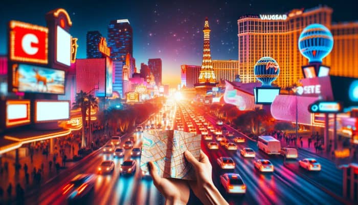 Las Vegas Strip at night, travelers using map to find local gems, avoiding tourist traps.