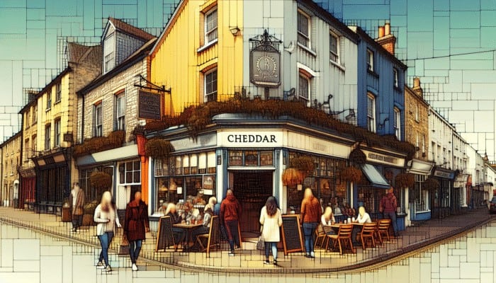 A local café in Cheddar, bustling with charm, using unique, locally sourced ingredients to stand out against larger chains.