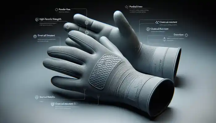 High-tensile strength latex gauntlet gloves with textured surfaces, powder-free, chemical-resistant, long cuffs, safety-certified.