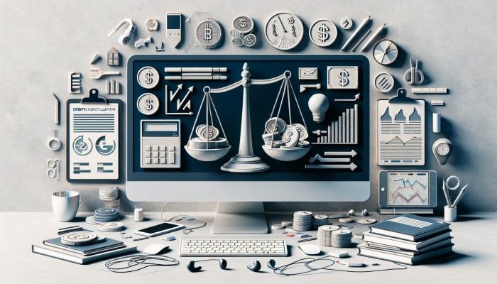 A cluttered desk with a computer showing debt consolidation options, financial documents, and digital devices.