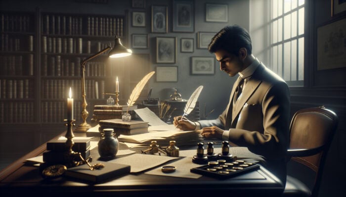 An executor in a dimly lit study, diligently working with legal documents and a will.