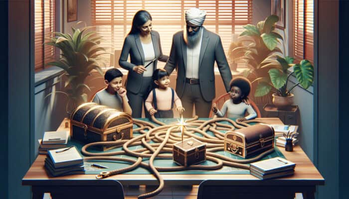 Family with solicitor in office, resolving complex estate probate smoothly.