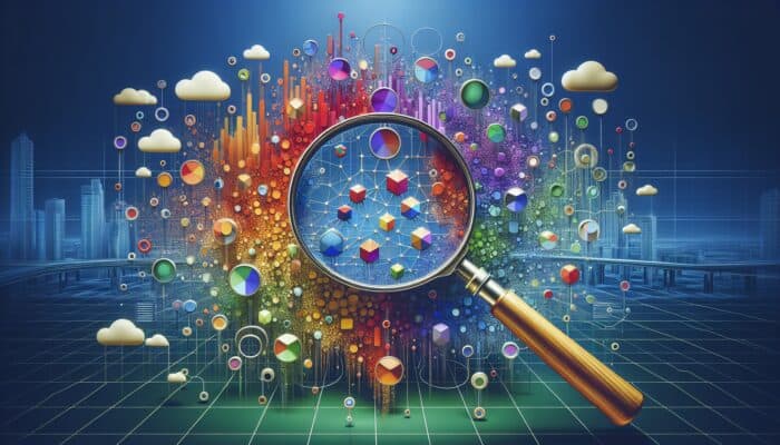 A digital landscape with a magnifying glass highlighting content gaps, boosting SEO and site traffic.