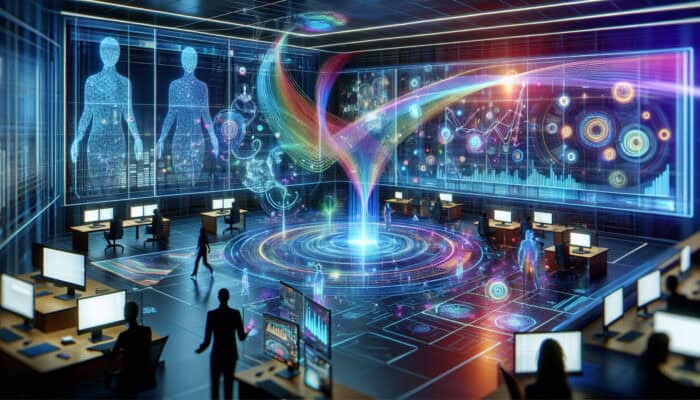 A futuristic office with holographic screens and remote human virtual assistants collaborating.
