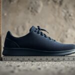 A navy blue athletic shoe is positioned next to a vertical ruler and on top of a horizontal ruler, indicating its height and length measurement against a textured concrete background.