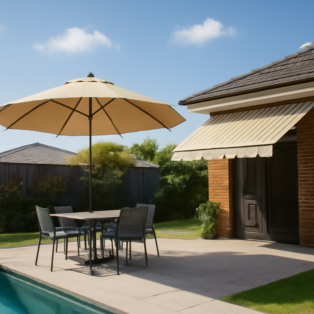 Illustration of Freestanding shade options: umbrellas and retractable awnings related to shade solutions for Brisbane backyards