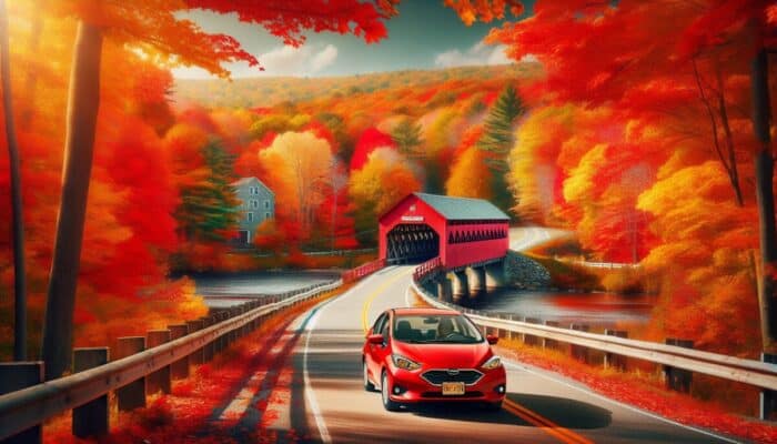 Red rental car driving through New England's colorful fall landscapes, past covered bridges and lakes.
