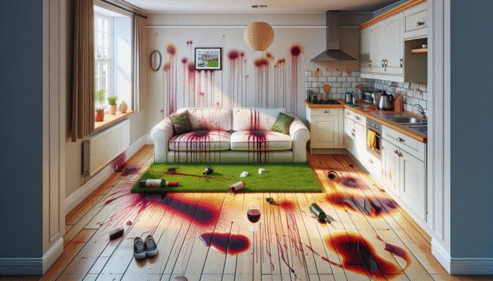 Red wine on carpet, grass on sofa, ink on shirt, grease on tiles in UK home.