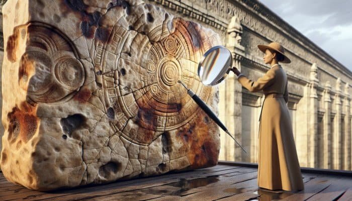 A weathered sandstone surface with discolouration, stains, and cracks being inspected by a conservation specialist with a magnifying glass.