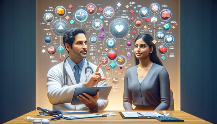 A doctor and patient reviewing a comprehensive cholesterol test report in a clinical setting.