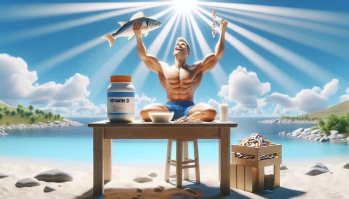 Athlete on beach absorbing sunlight, eating fatty fish and fortified milk, with vitamin D supplements nearby.