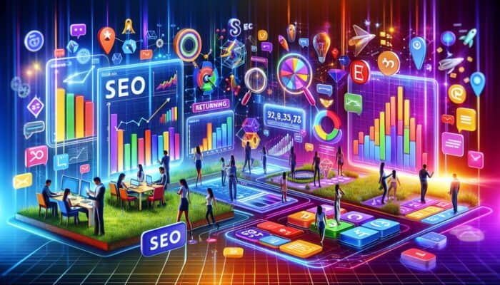 A vibrant digital interface with gamified SEO elements, interactive quizzes, and personalized calculators against colorful graphs.