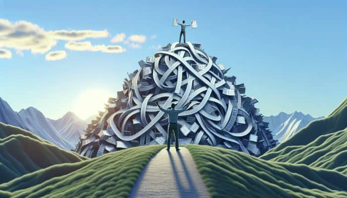 A person atop a mountain of merged debts, symbolizing financial freedom through debt consolidation.