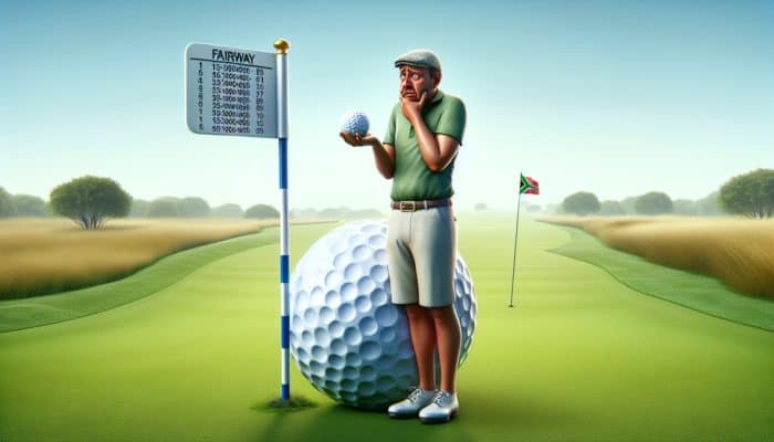 South African golfer by out-of-bounds sign, confused, holding ball, must return to fairway to drop.
