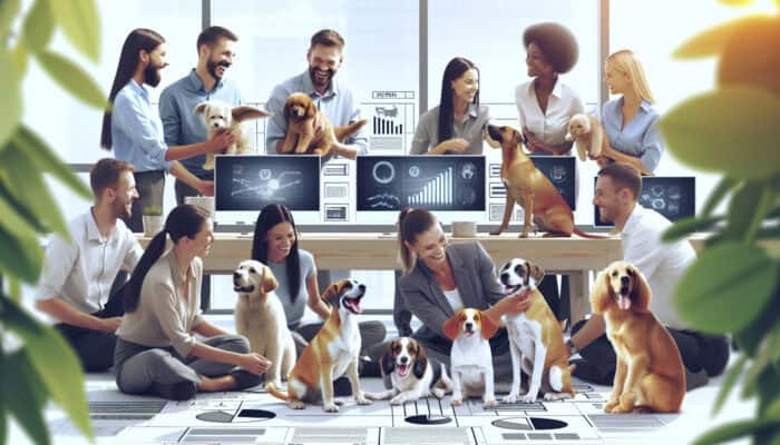 A serene office with employees and pets, promoting wellness and joy.