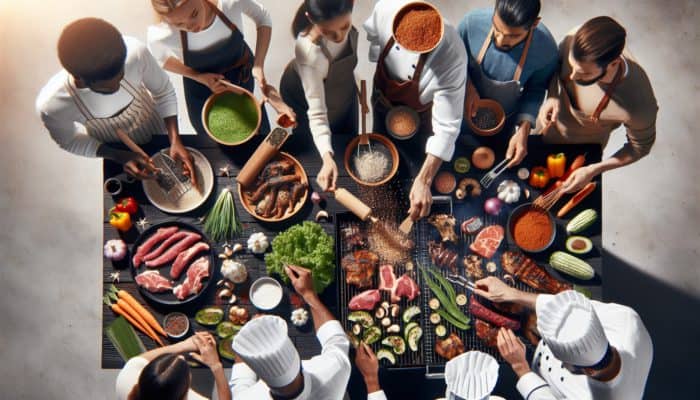 Chefs marinating meats in kelp blend and sprinkling dulse flakes over grilled items at a BBQ.