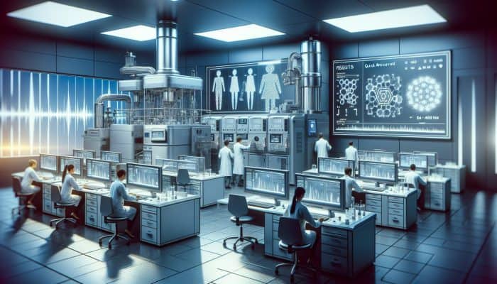 Modern lab with LC-MS/MS equipment, scientists analyzing testosterone, quick results on digital screens.