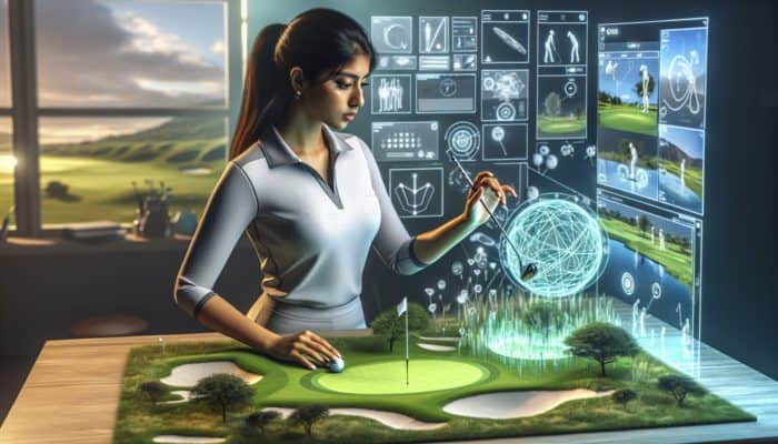 Amateur golfer using high-tech visualization tools to study a 3D hologram of a golf course.