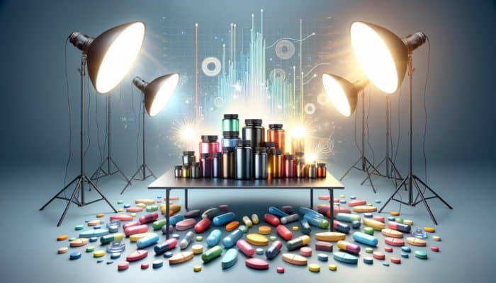 Array of endurance supplements on a modern table, with expert charts in the background.