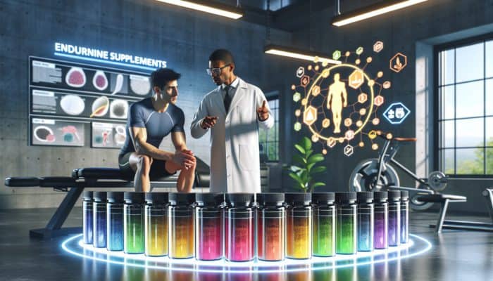 Athlete discussing endurance supplements with healthcare professional in clinic, reviewing labels and educational posters.