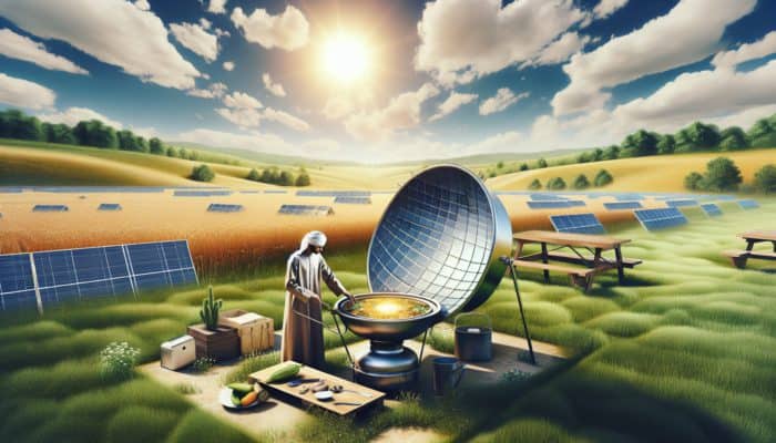 A person adjusting a solar cooker in a sunny field to cook a meal, surrounded by greenery.