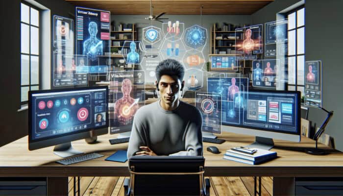 A virtual assistant in a modern home office, focused on webinar setup guides across multiple screens.