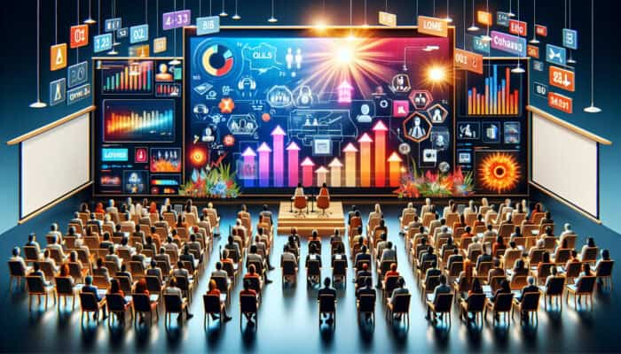 Modern webinar setup with interactive polls, vibrant graphics, and videos, enhancing dynamic learning in breakout rooms.