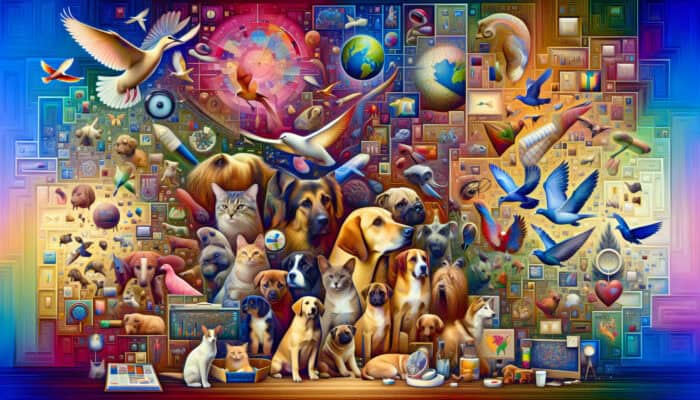A colorful collage of pets like dogs, cats, birds, and fish with expert pet care advice, global landmarks.