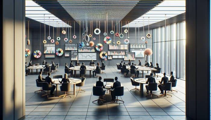 Infographic showing debt consolidation loan reviews, expert ratings, and financial charts in a modern office setting.