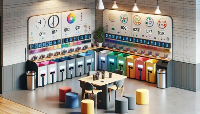 A well-organized sorting station near home entrance with labeled bins, table, clock, seating, and refreshments.