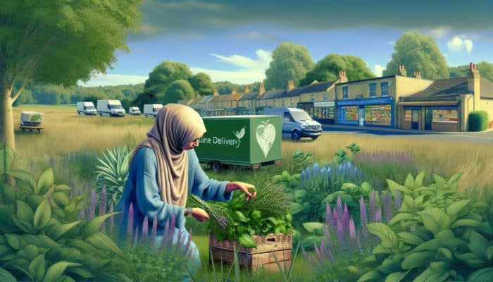 Person harvesting organic herbs in a UK countryside garden, with local shops and delivery vans nearby.