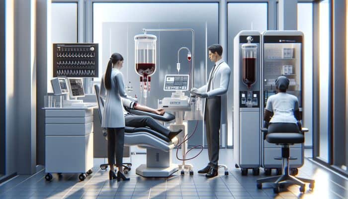 A medical illustration of a ferritin blood test in a Swansea clinic with diverse healthcare professionals.