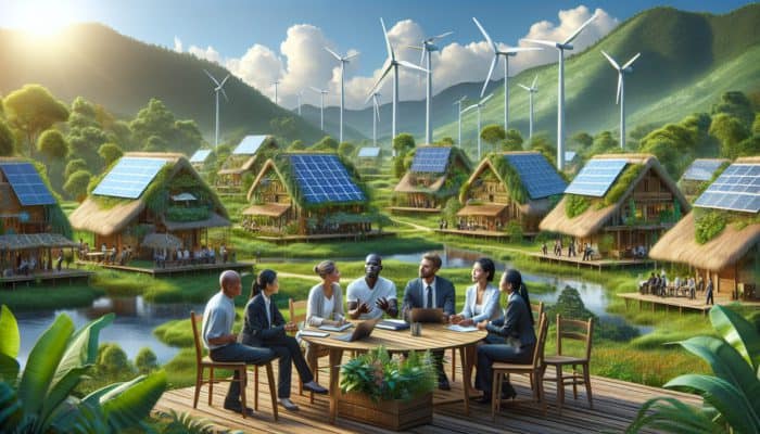 A serene village using solar panels and wind turbines, experts discussing sustainable living in a green setting.