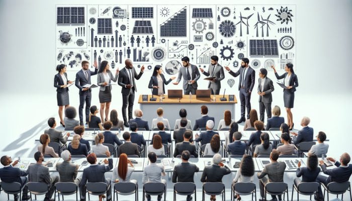 A diverse group of experts at a conference presenting renewable energy data with solar panels and wind turbines visuals, audience taking notes.