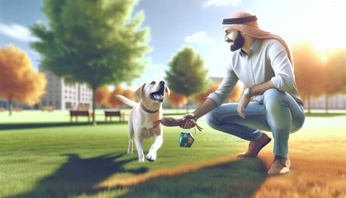 A dog owner watches their dog play fetch safely in a well-maintained park on a sunny day.