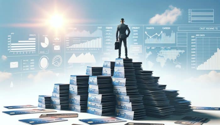 A person atop a mountain of credit cards, symbolising debt consolidation and a fresh start.