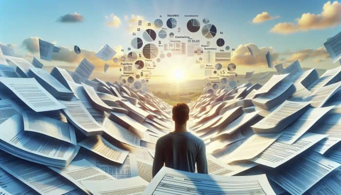 A serene person amidst organized financial documents, symbolising clarity and confidence from debt consolidation, with a hopeful future backdrop.