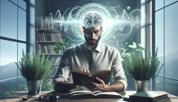 A person studying amidst rosemary plants, with brainwaves indicating improved cognitive function, under soft natural light.