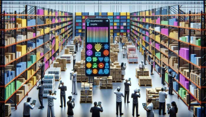 A retail warehouse with colorful barcode labels, staff scanning items, and a well-organized clearance section with discounted products.