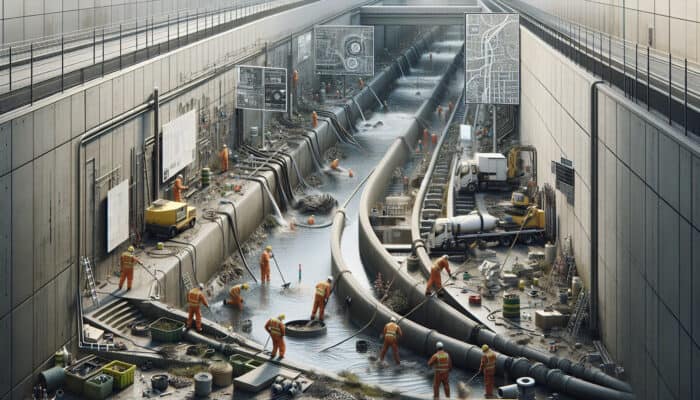 Workers maintaining a concrete drainage system, clearing debris and inspecting for cracks in an urban setting.