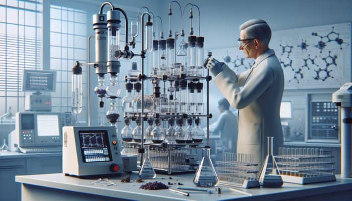 A scientist analyzing herb purity using chromatography, with mass spectrometry and microbial testing setups nearby.