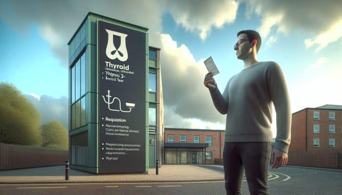 Person in Norwich holding thyroid test form outside clinic offering thyroid testing services on cloudy day.